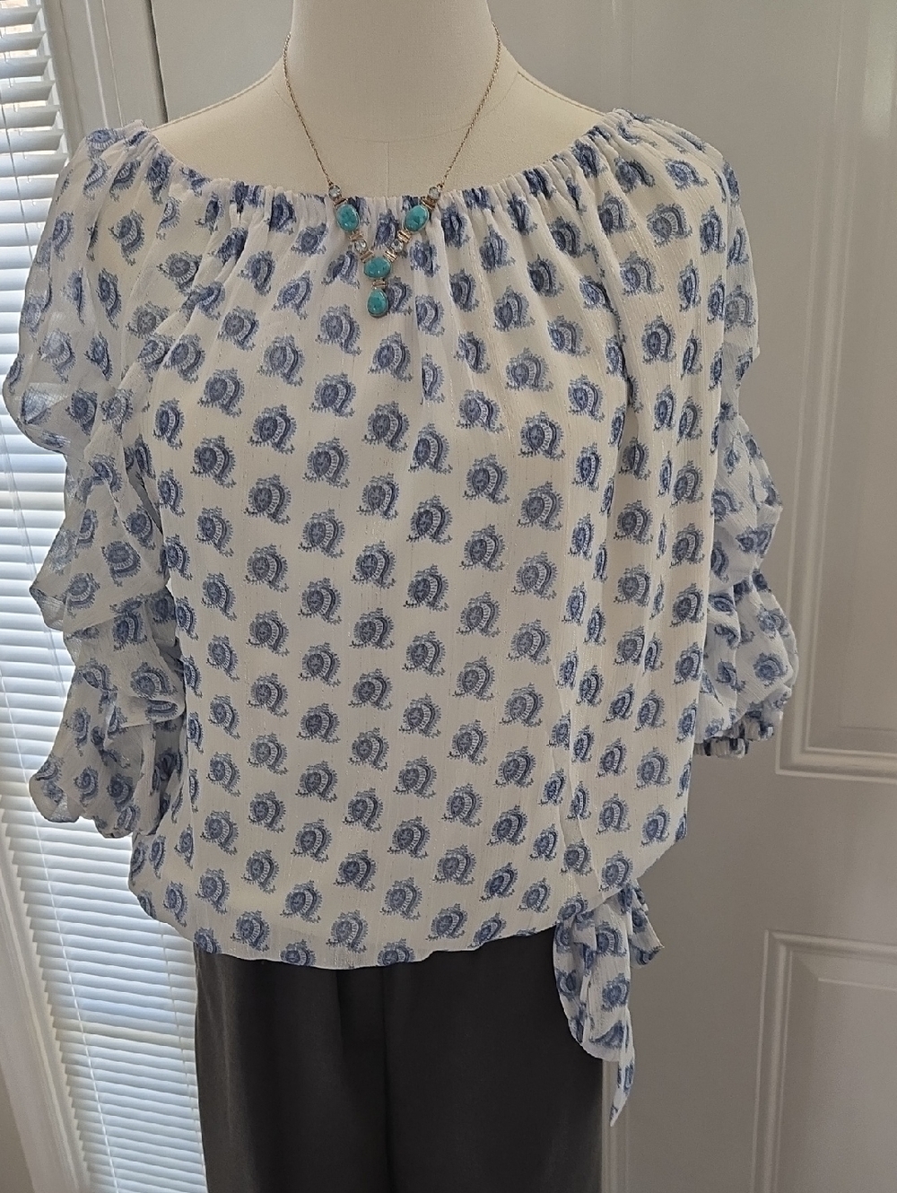 Vince Camuto White Blouse with Blue Paisley Print and Side Tie